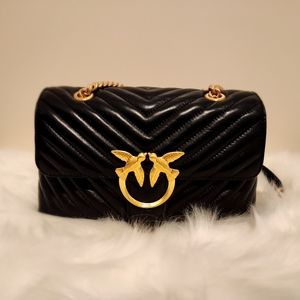 Pinko Logo Plaque Black Quilted Shoulder Bag